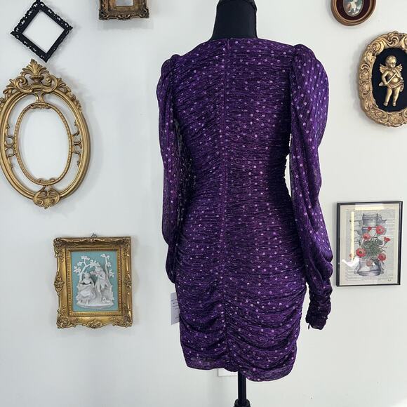 For Love & Lemons Purple Metallic Polka Dot Ruched Puff Sleeve Dress - Picture 4 of 8